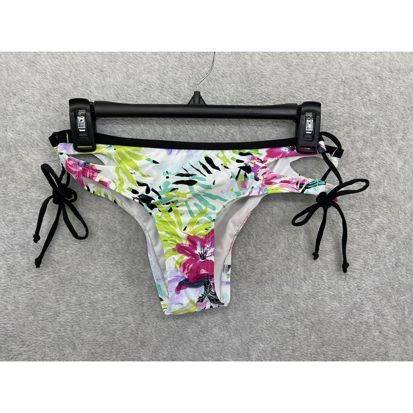 Bar Iii Bikini Bottom Black Floral Side Cutout Strappy Size Small